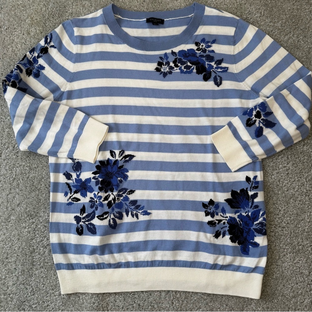 Talbots Blue and White Striped Crewneck Sweater with Blue Floral Jacquard